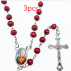 Close-up of wooden rosary beads in crochet-style arrangement