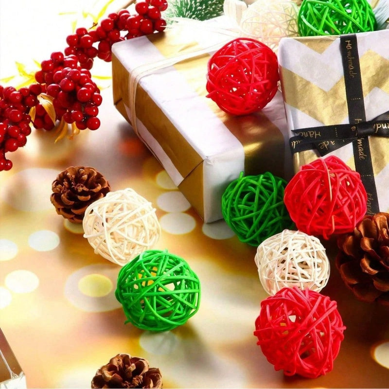 Christmas wreath with rattan ball ornaments hanging outdoors