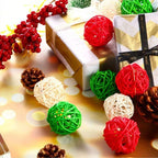Christmas wreath with rattan ball ornaments hanging outdoors