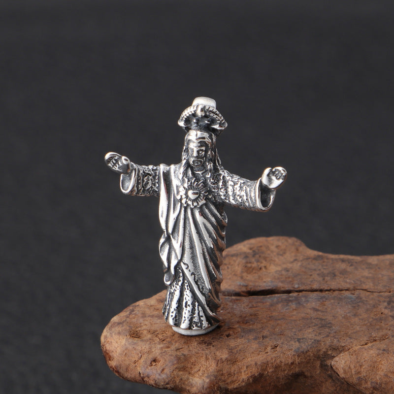 Classic silhouette of vintage distressed Jesus pendant in sterling silver