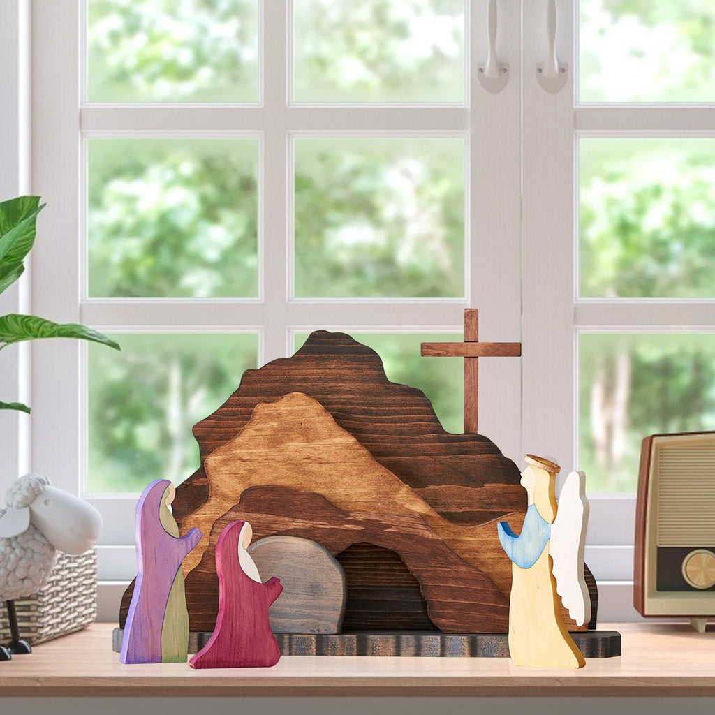 Wooden Easter creche with nativity figures in natural wood finish displayed as home ornament