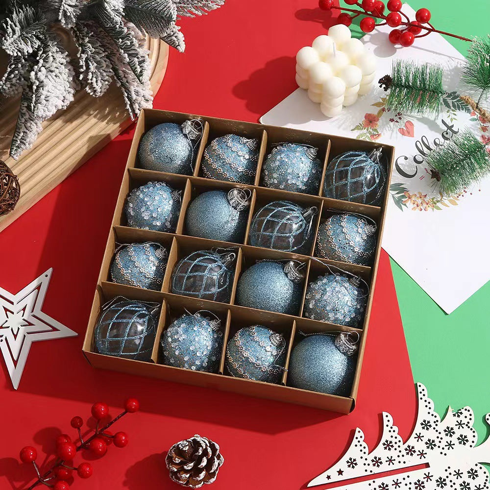 Christmas ornament balls in seven colors flat lay
