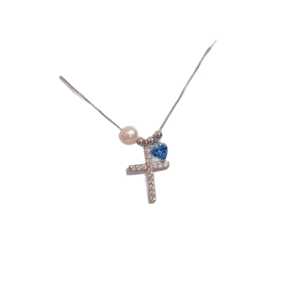 Delicate Cross Necklace with Pearl and Zircon Secondary image