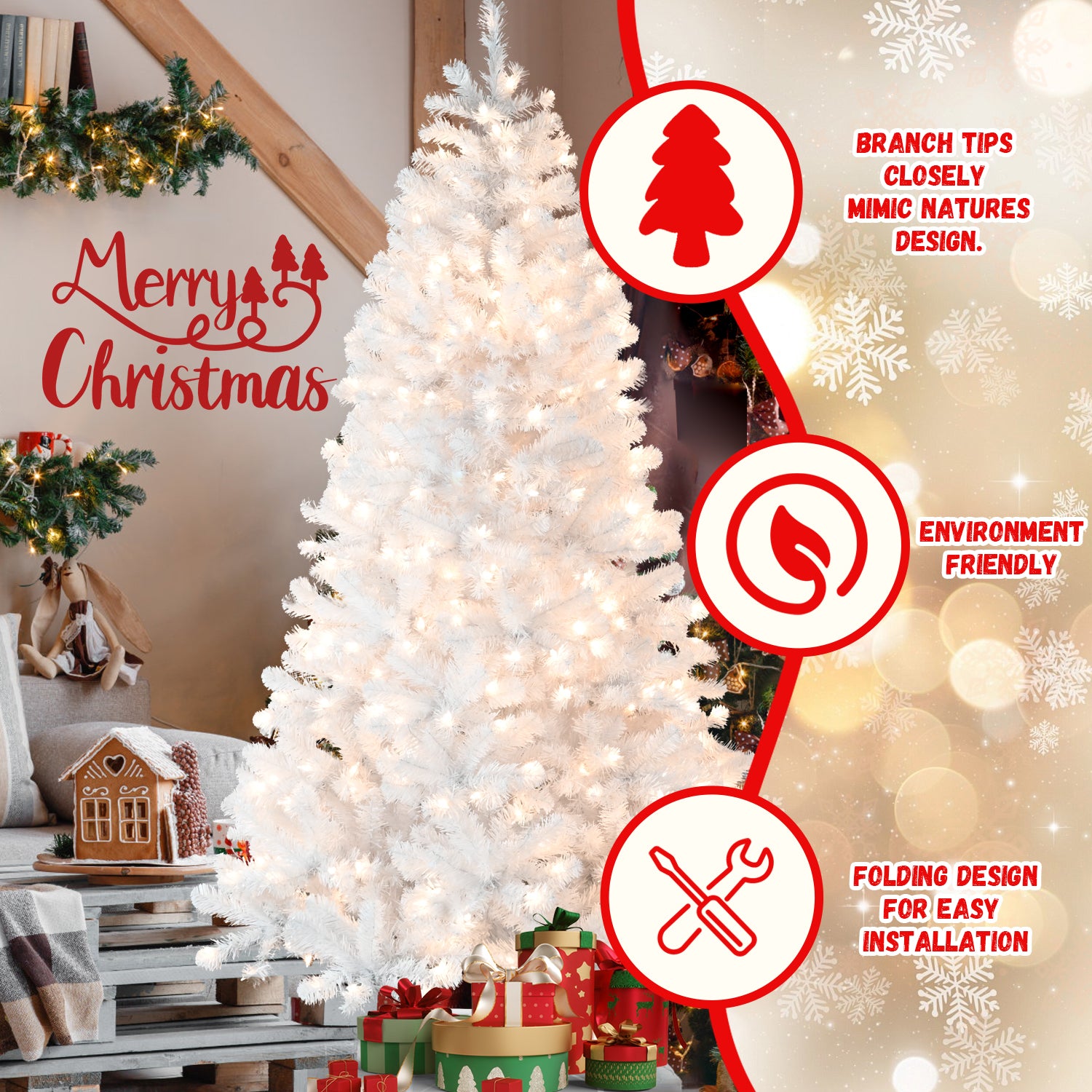 Prelit white tree creating festive Christmas atmosphere
