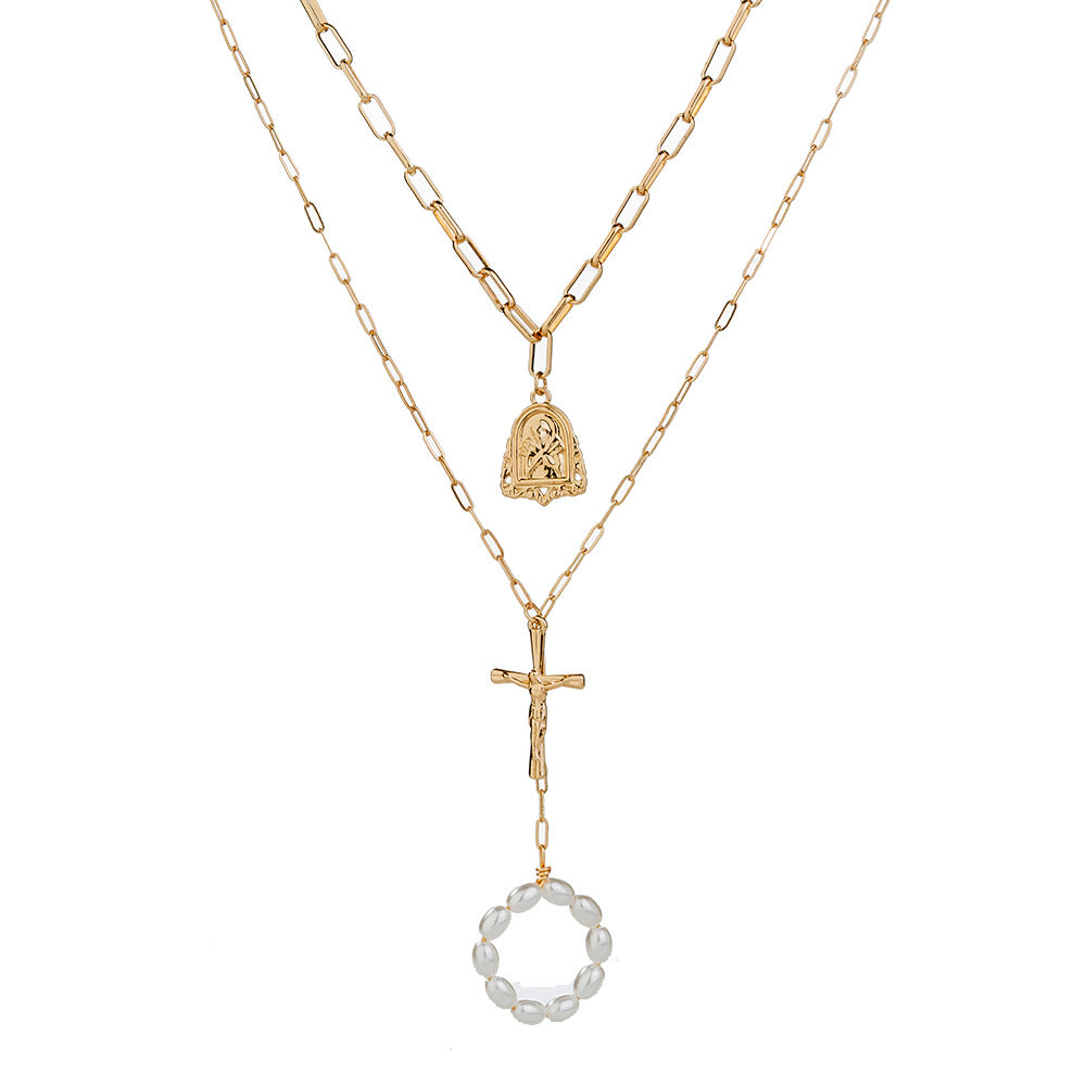 Golden vintage Jesus cross necklace with lattice chain and pearl accents for faithful women