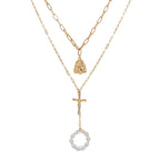 Golden vintage Jesus cross necklace with lattice chain and pearl accents for faithful women