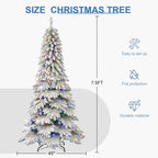 Snow-flocked Christmas tree with warm LED lights displayed in a cozy living room setting