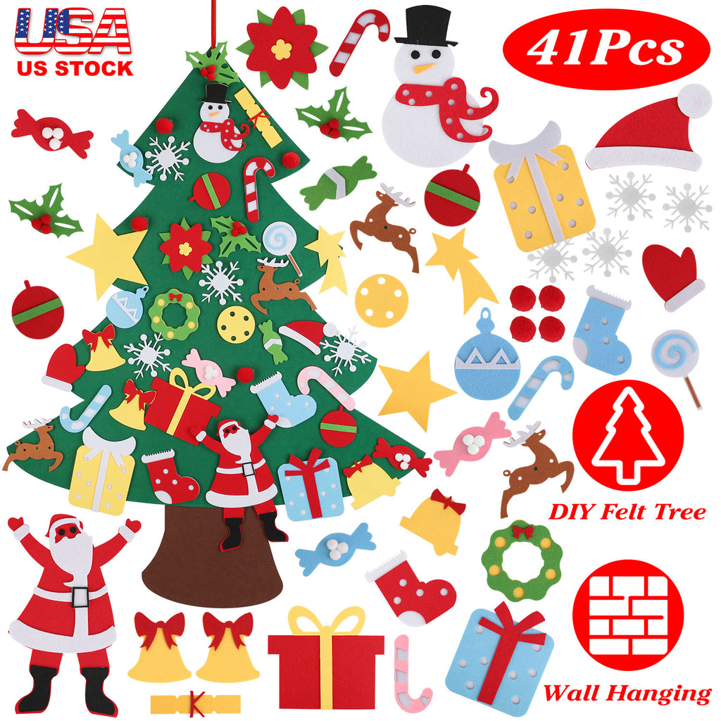 Multicolor felt Christmas ornaments including Christmas socks and bells