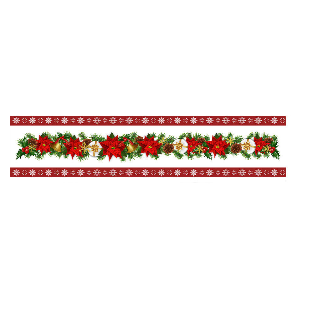 Christmas table runner displayed with festive holiday linens and decorations