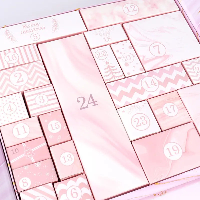 Red and pink advent calendar gift boxes displayed together for Christmas preparation - family devotion