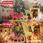 Lighted Christmas display with reindeer and sleigh for yard or porch