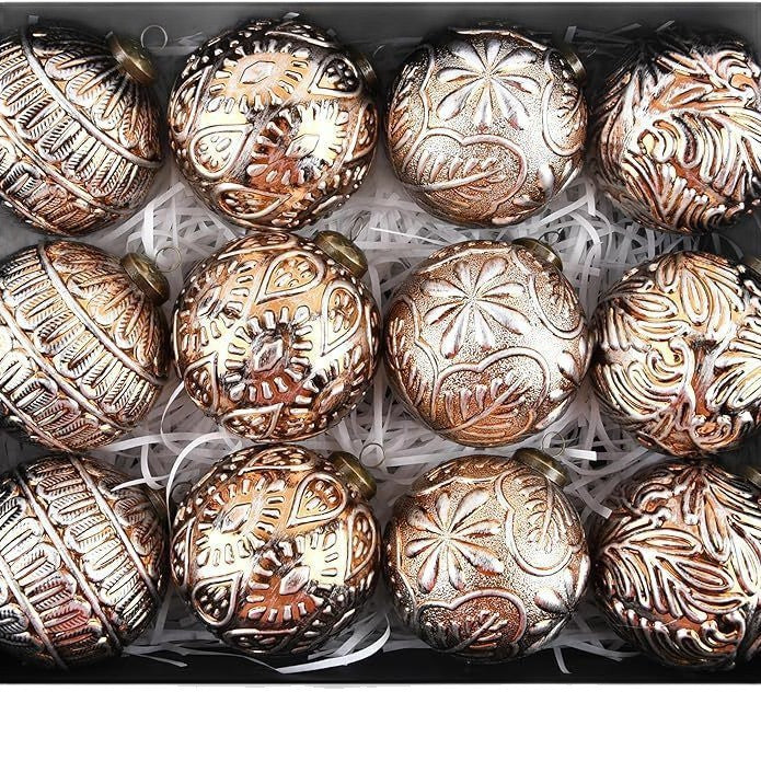 12-piece retro Christmas ball ornament set in brown and white gold for tree decorating