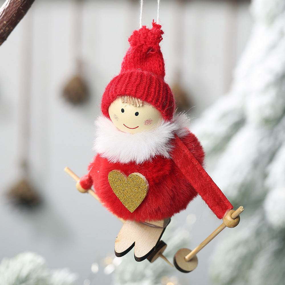 Pink pompom doll ski ornament in soft velvet for festive holiday decorating