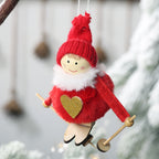 Pink pompom doll ski ornament in soft velvet for festive holiday decorating
