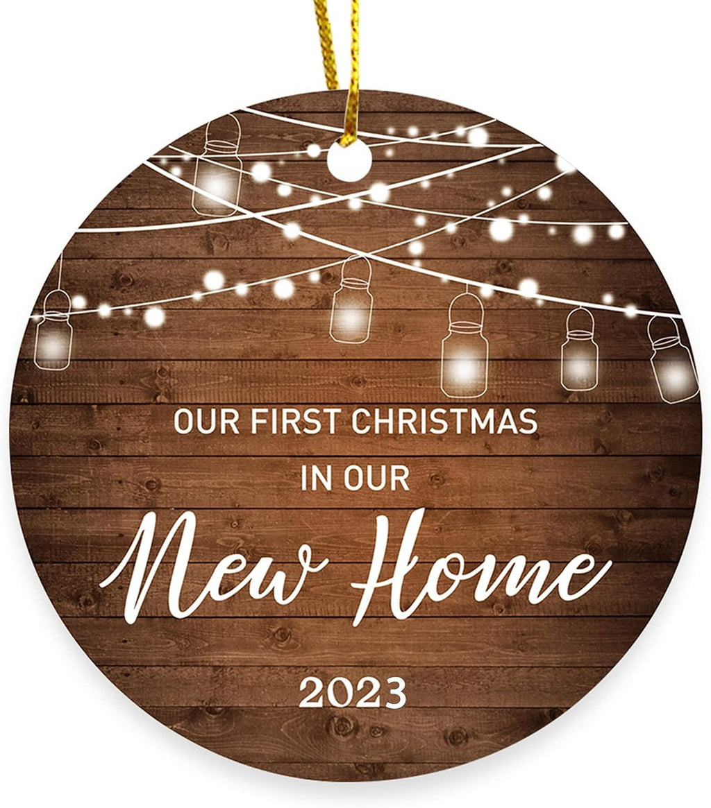 Wooden Christmas ornament hanging on a decorated Christmas tree