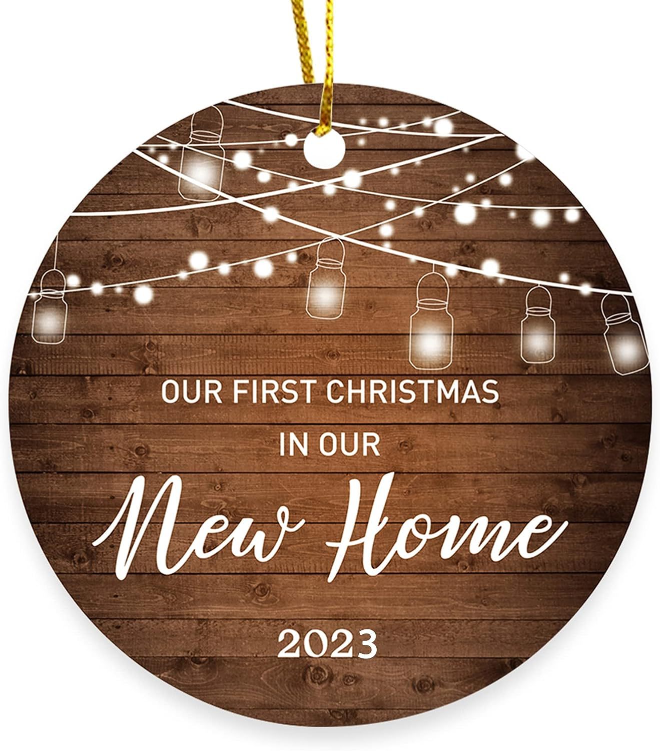Wooden Christmas ornament hanging on a decorated Christmas tree