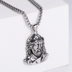 Close-up of religious Jesus pendant in stainless steel