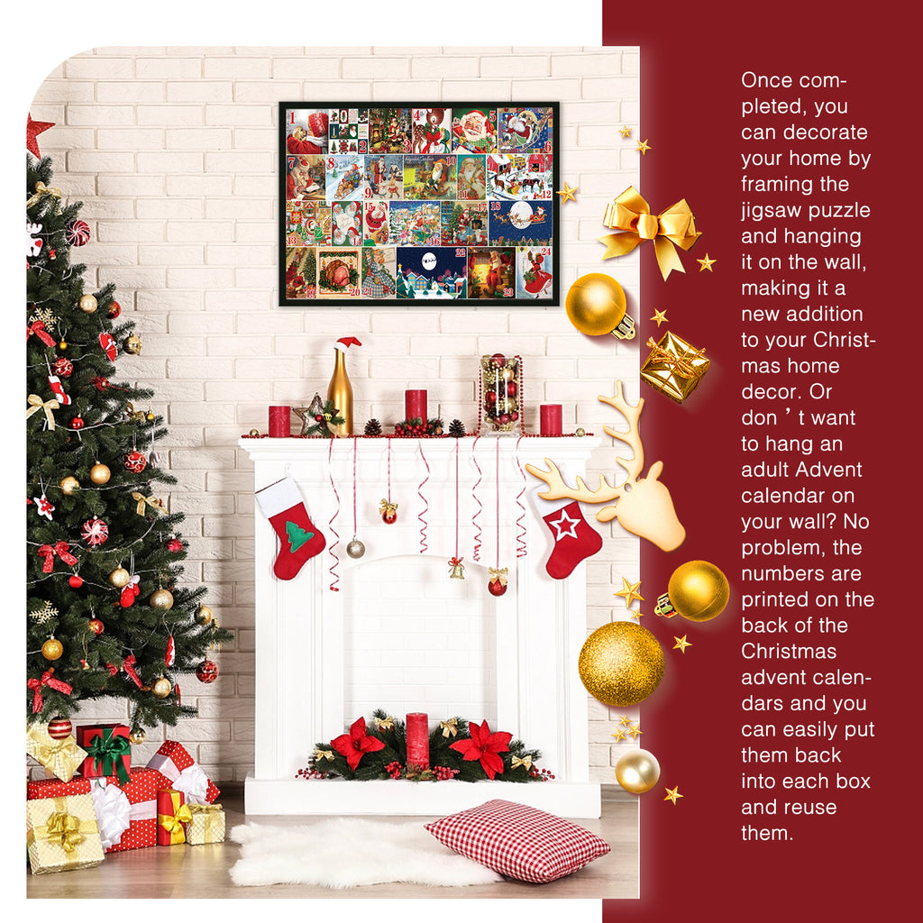 Recyclable cardboard advent calendar featuring festive holiday design and puzzle element