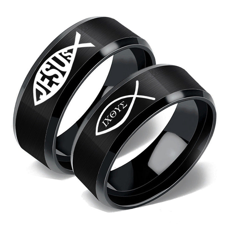 Jesus Logo Stainless Steel Ring showing bold Jesus name and Fish symbol design Main image