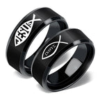 Jesus Logo Stainless Steel Ring showing bold Jesus name and Fish symbol design