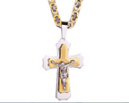 Detailed view of golden cross pendant necklace highlighting classic Christian symbol design