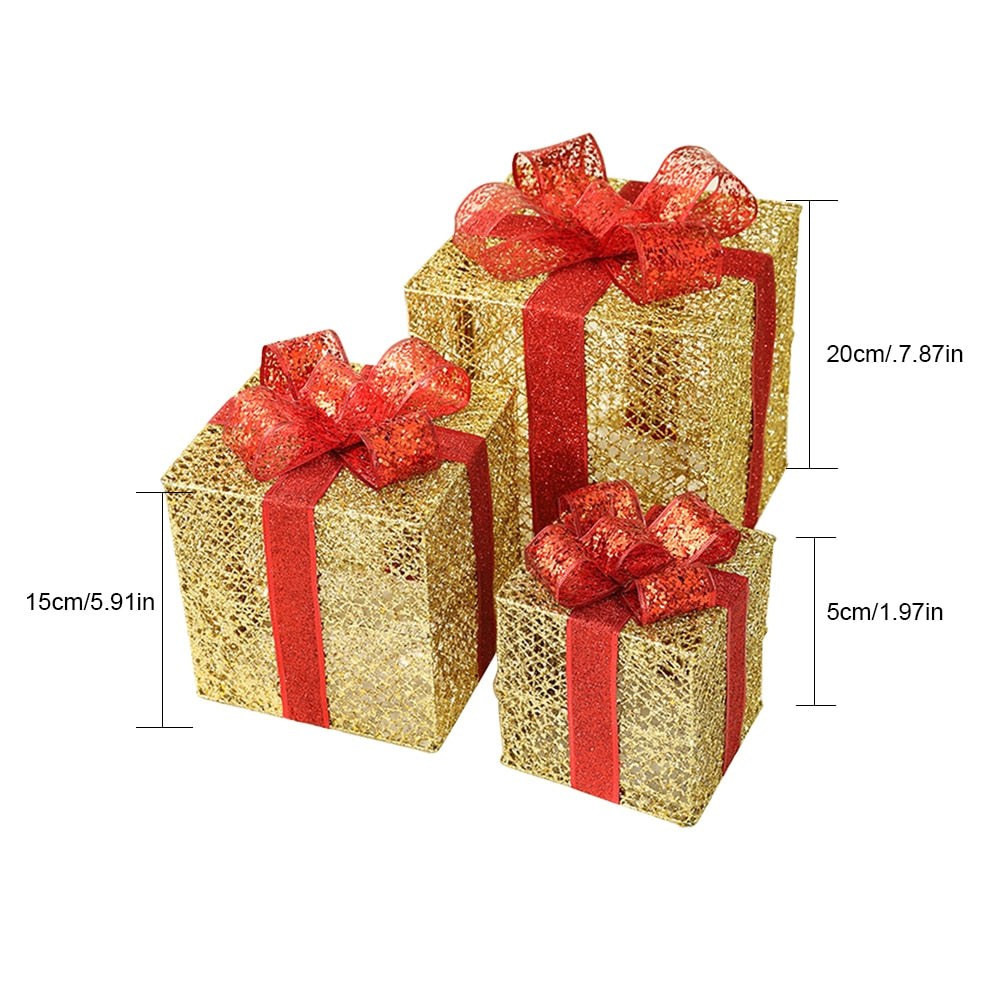 Silver Christmas gift boxes with string lights - holiday ambiance