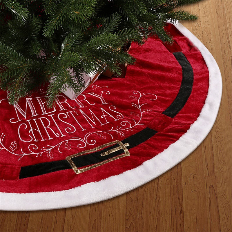 Red velvet Christmas tree skirt laid flat showing full 48-inch design