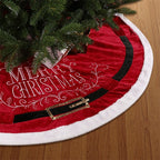 Red velvet Christmas tree skirt laid flat showing full 48-inch design