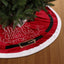 Red velvet Christmas tree skirt laid flat showing full 48-inch design