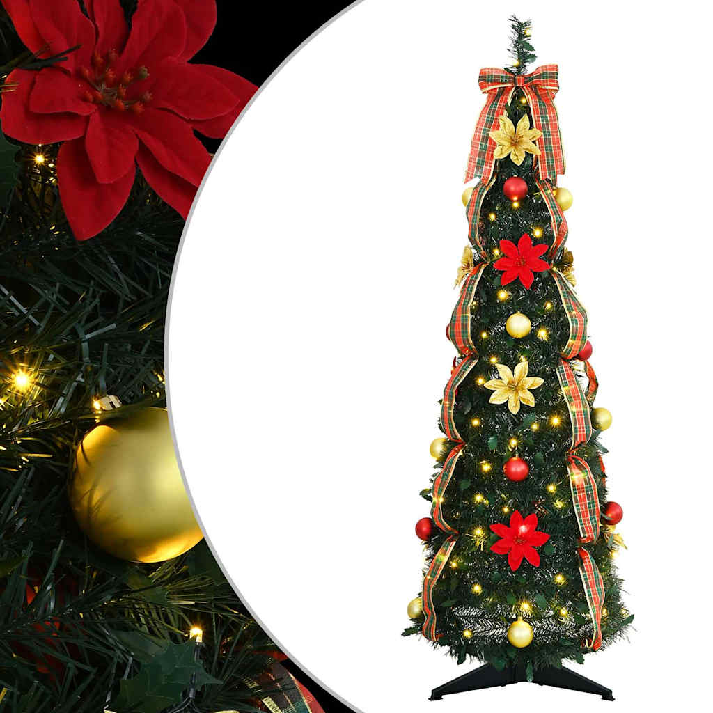 Pre-lit green Christmas tree with warm white LED lights and decorative elements