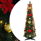 Pre-lit green Christmas tree with warm white LED lights and decorative elements