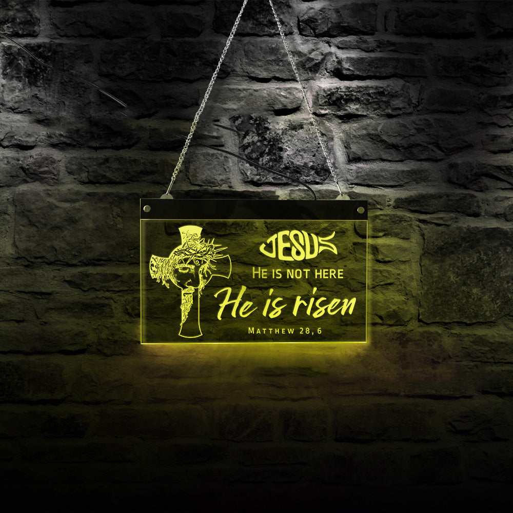 Cross and Christ portrait LED neon light showing illuminated faith artwork with seven color options