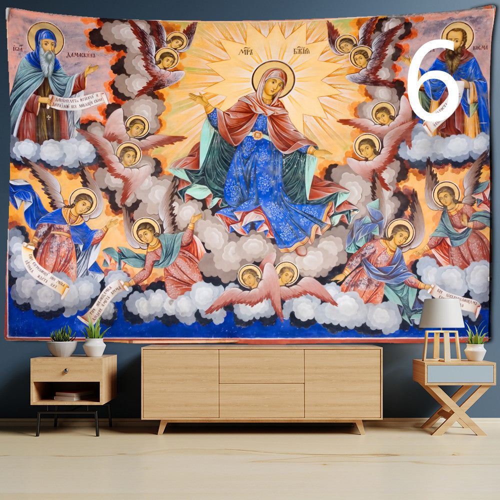 Minimalist printed wall tapestry with faith-based imagery