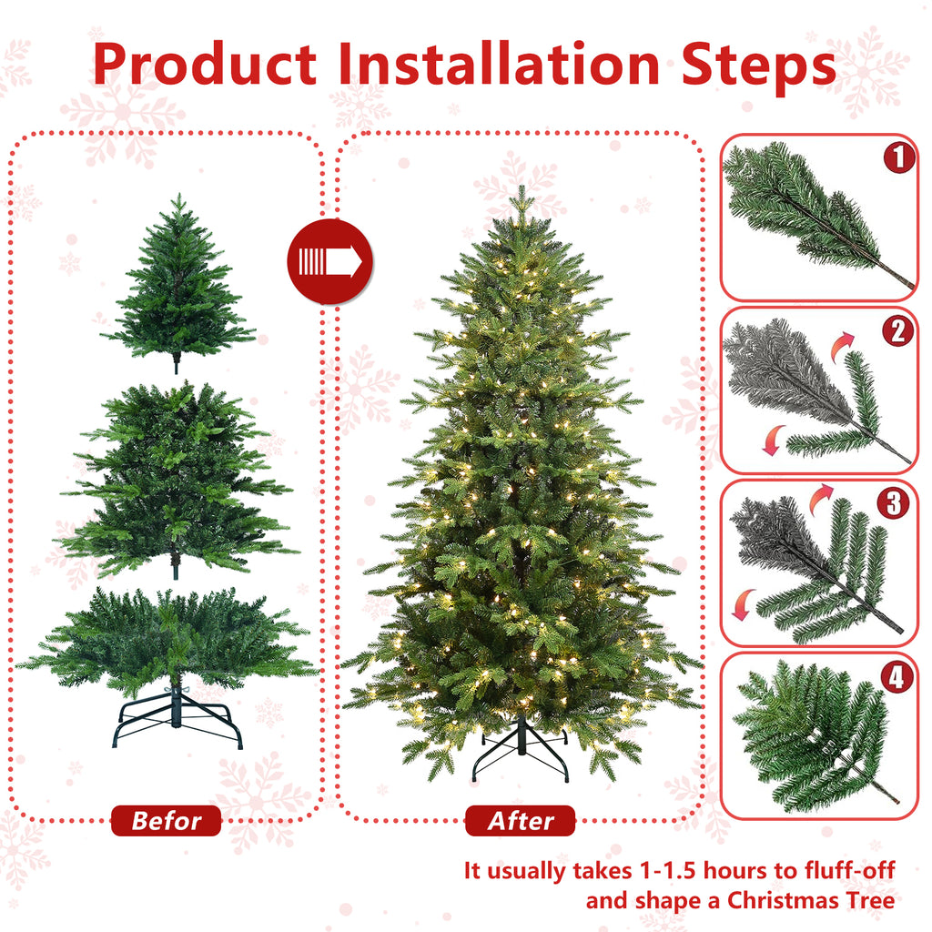 Green Christmas tree decorated with lights in festive setting