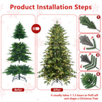 Green Christmas tree decorated with lights in festive setting