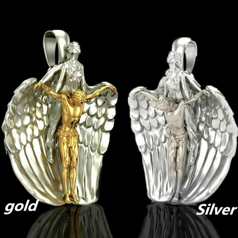 Elegant religious pendant featuring angel and Jesus imagery