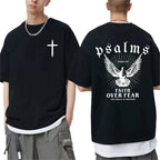 Faith over fear message printed on white Christian t-shirt