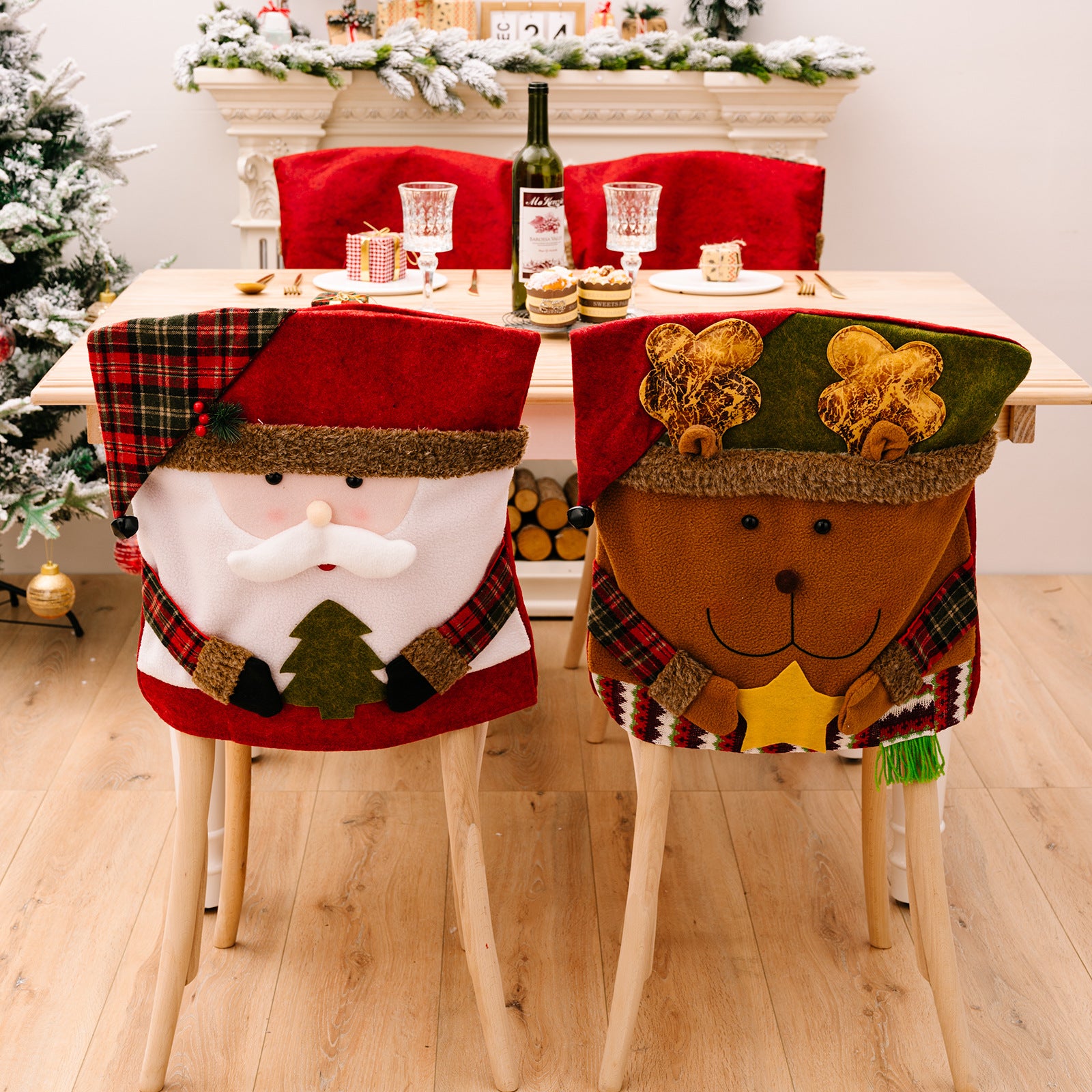 Cozy red fleece chair cover featuring whimsical holiday designs