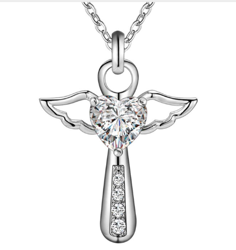 Christian necklace with heart cross and angel wings - meaningful faith gift