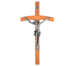Close-up of solid wood and zinc alloy cross featuring Christ figure