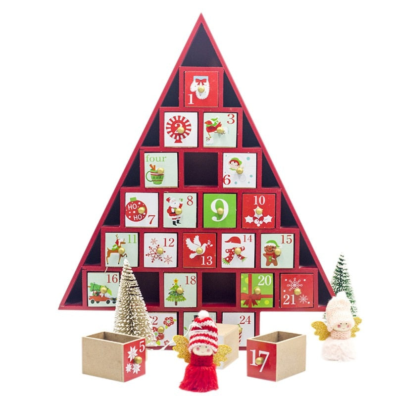 Wooden Christmas advent calendar with red and green compartments counting down the days to Christmas Main image