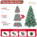 Blue Christmas tree with lights and decorations in holiday setting