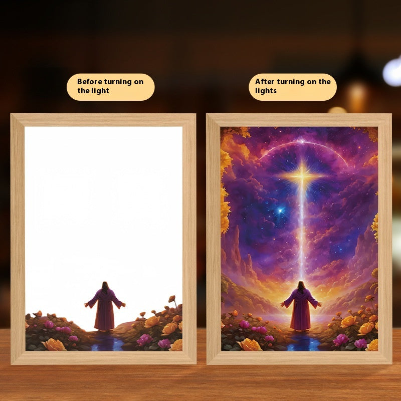 LED illuminated religious painting with wood-color frame