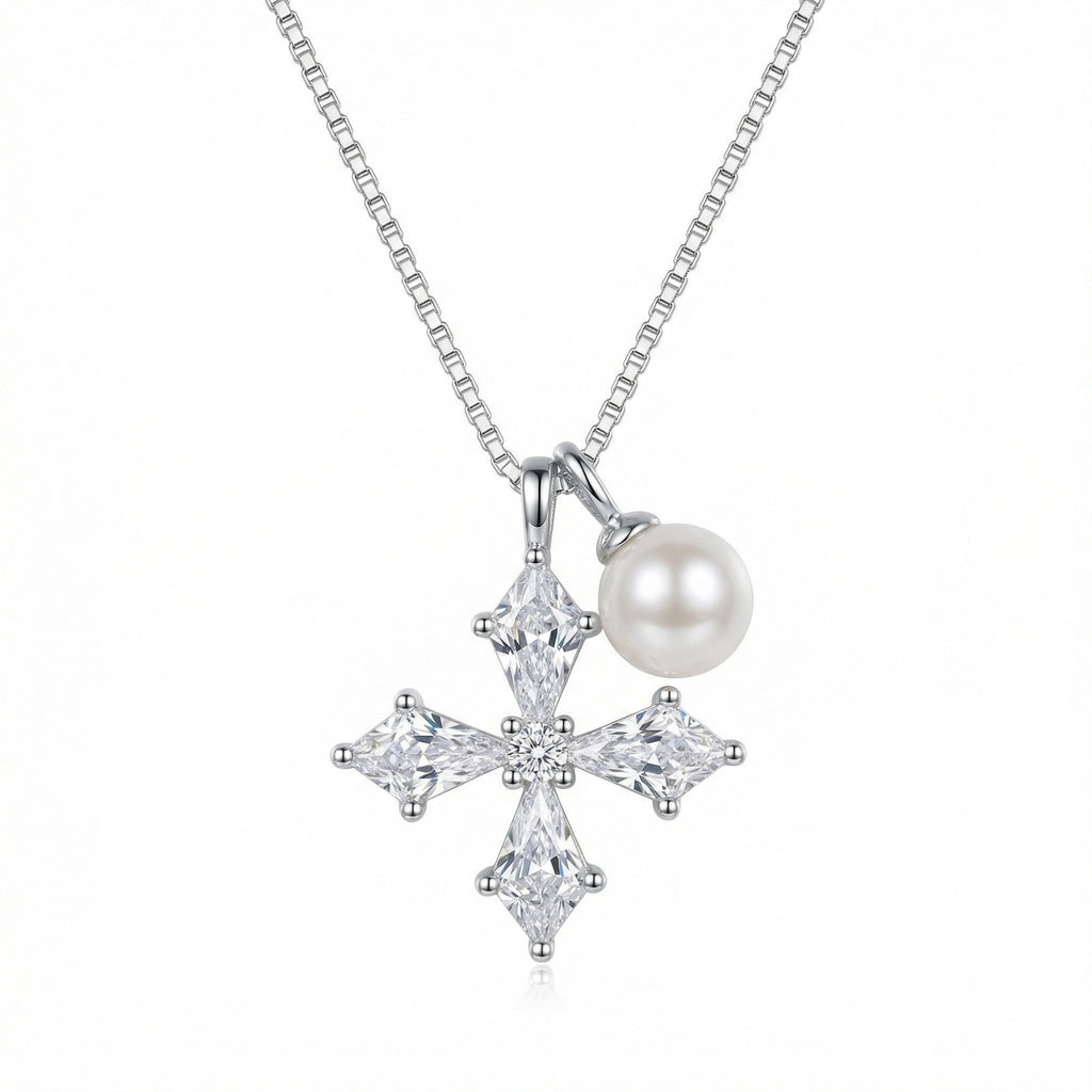 925 Sterling silver cross pendant necklace with sparkling cubic zirconia stones and white pearl charm