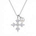925 Sterling silver cross pendant necklace with sparkling cubic zirconia stones and white pearl charm