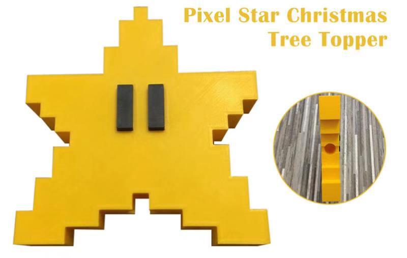 Unique pixelated yellow star foam ornament adding creative flair to Christmas decor