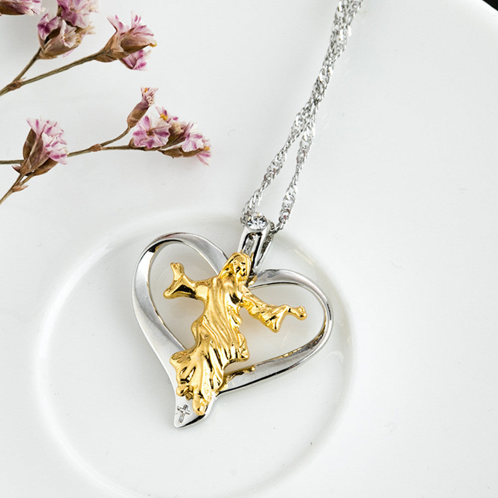 Heart-shaped Jesus pendant necklace on water wave chain in gold-tone finish Main image