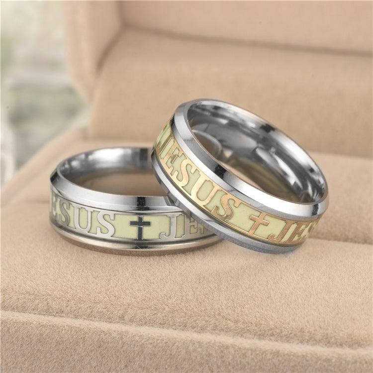 Luminous Jesus ring with glowing cross design in steel brass