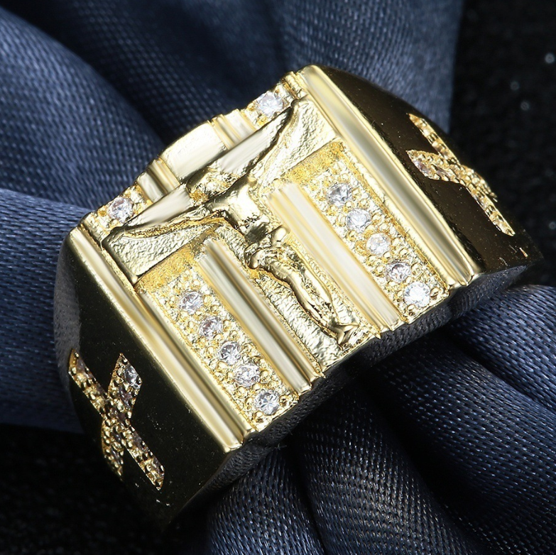 Premium Gold Jesus Ring with Crystals featuring gold-tone finish and crystal details
