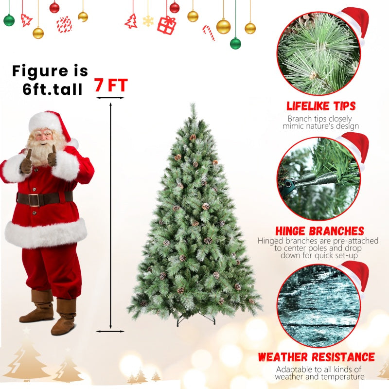 Green Christmas tree with built-in pine cone decorations on branches